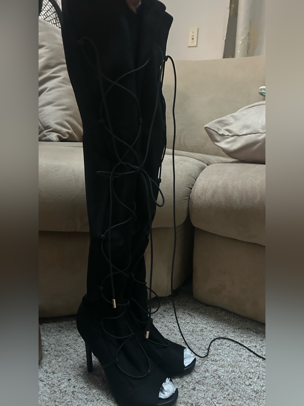 Black Lace-Up Over-the-Knee Peep-Toe Boots - Women